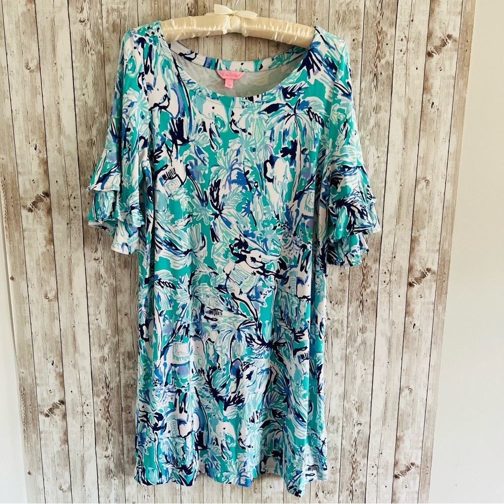 Lilly Pulitzer Lula Dress Elephant Appeal Ruffle Sleeve Blue Large